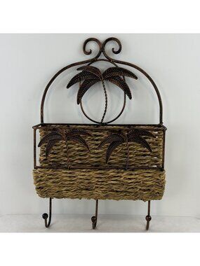 Woven Palm Tree Wall Basket Copper Metal Hooks Ratan Coastal Home Decor Organize
